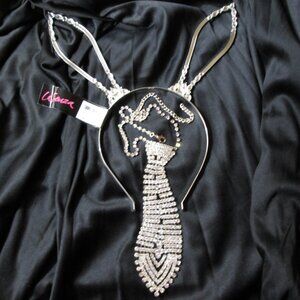 2 pieces Rhinestone Tie Necklace with Stone Bunny Ears Headband set